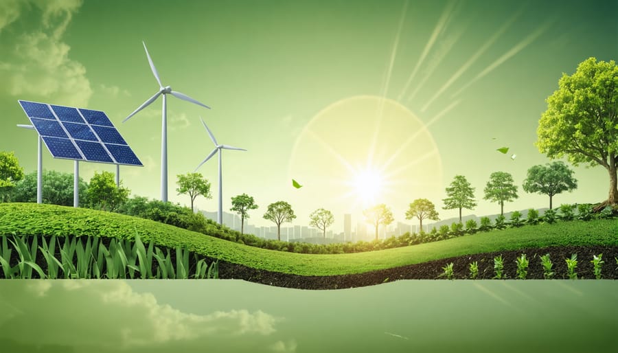 Conceptual illustration of green bonds connecting environmental and technological elements, featuring green bond certificates merging with bioenergy icons like solar panels and fields in an Australian landscape.