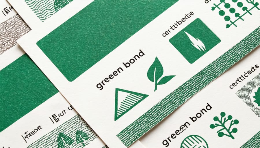 Visual representation of green bonds featuring environmental certification stamps and renewable energy icons