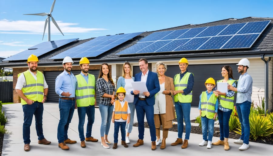 Diverse community members, including families and business owners, gathered in front of homes and businesses with solar panels and wind turbines, engaging with utility workers and community leaders, symbolizing cooperative efforts in clean energy transition within an Australian neighborhood.