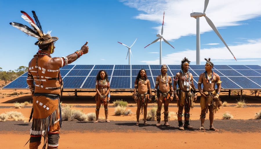 Indigenous leaders and community members standing with solar panels and wind turbines in an Australian landscape, illustrating the integration of traditional knowledge and modern technology in renewable energy projects.