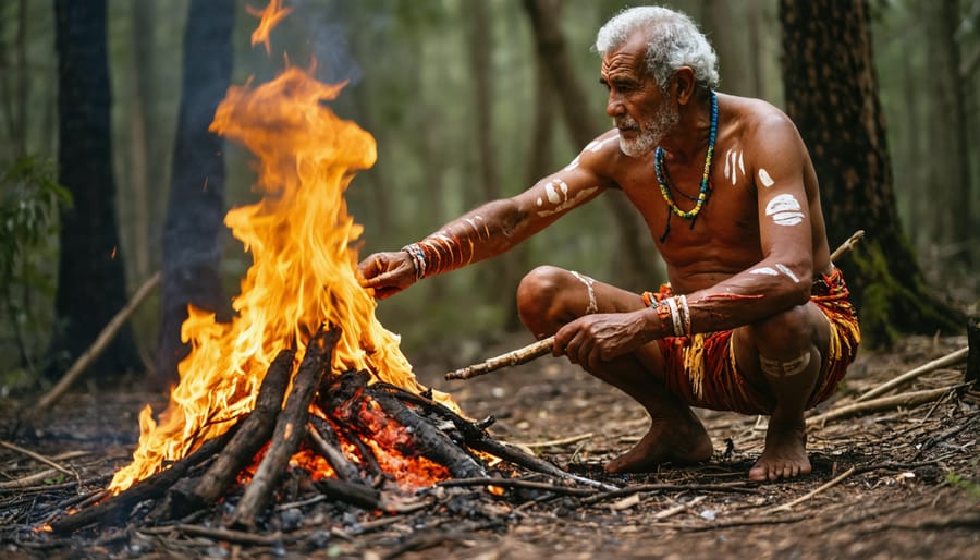 Indigenous elder performing controlled burning while explaining traditional land management practices
