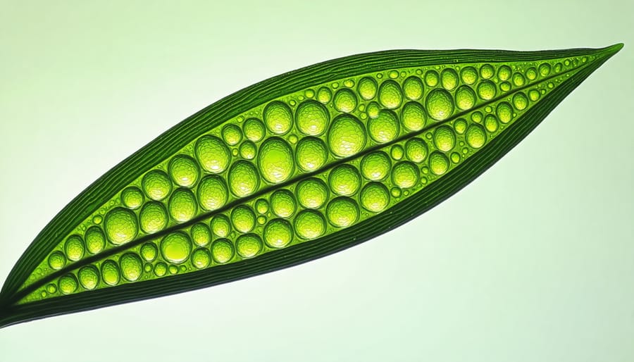Detailed microscopic view of leaf cells showing photosynthetic structures