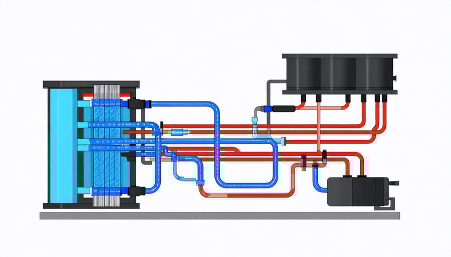 Technical illustration of liquid cooling channels and components in a battery thermal management system