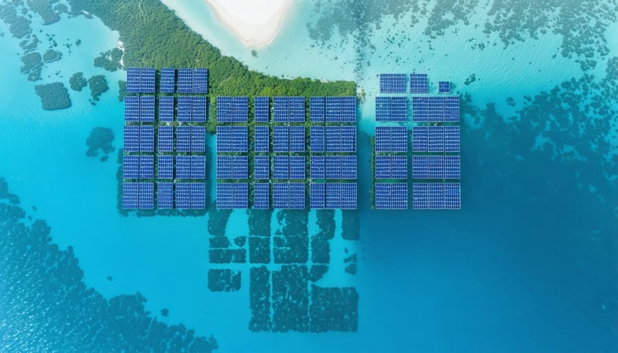 Aerial view showcasing Australia's coastline with floating solar arrays and expansive seaweed farms, highlighting dual-purpose ocean-based bioenergy solutions for sustainable energy and coastal protection.