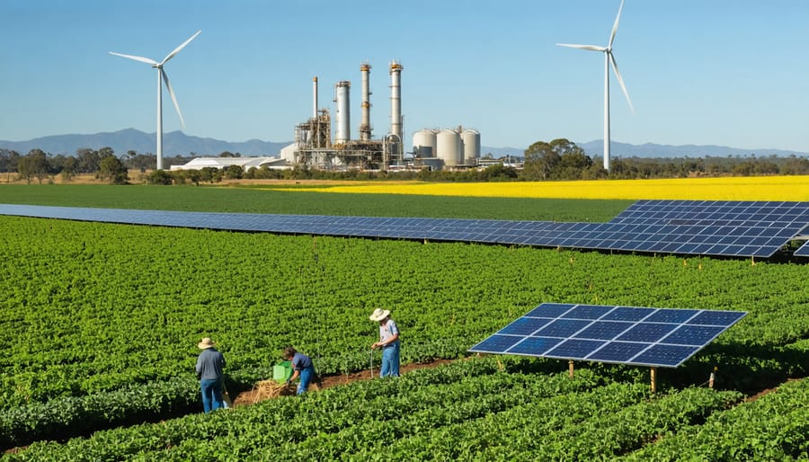 A scenic view of a biofuel production facility in rural Australia, surrounded by lush agricultural fields. Farmers are seen harvesting crops and handling agricultural waste, illustrating the integration of traditional farming with modern biofuel technology and renewable energy sources.