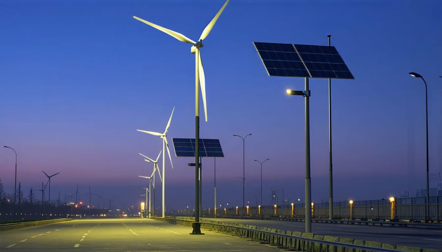 Modern solar and wind powered street lights illuminating a city boulevard