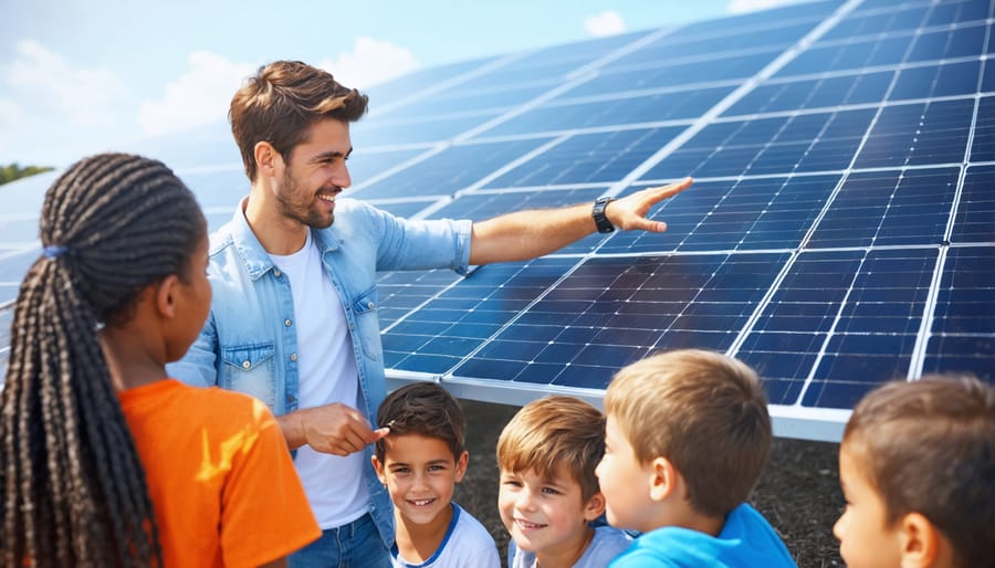 A passionate young mentor enthusiastically teaching a group of attentive young students about solar panel technology, showcasing an engaging outdoor learning environment focused on sustainable energy.