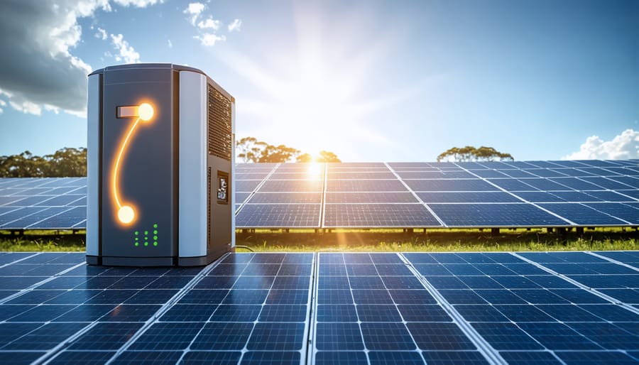 Digital illustration of advanced thermal management in battery systems with an Australian solar farm backdrop, highlighting cooling channels and renewable energy integration.