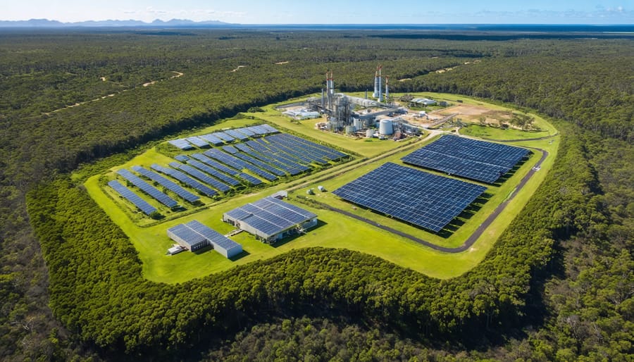 Aerial shot of a bioenergy facility integrated with native vegetation and wildlife corridors in Australia, demonstrating sustainable energy production alongside biodiversity conservation.