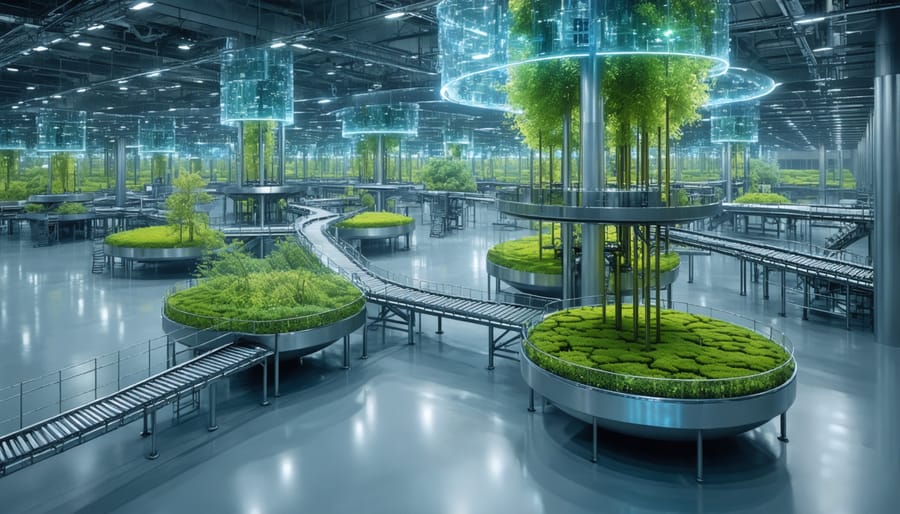 A futuristic bioenergy facility showcasing advanced AI-powered sorting systems and torrefaction technology, emphasizing sustainable and smart clean energy solutions.