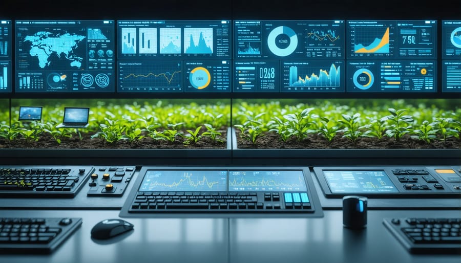 Modern control room with multiple screens showing bioenergy grid management systems