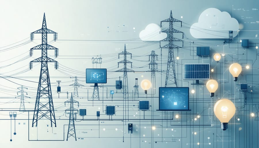 Digital illustration of smart grid infrastructure connecting solar panels, wind turbines, and residential areas with data flows