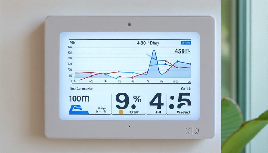 Digital smart meter screen displaying energy usage data and grid connectivity status