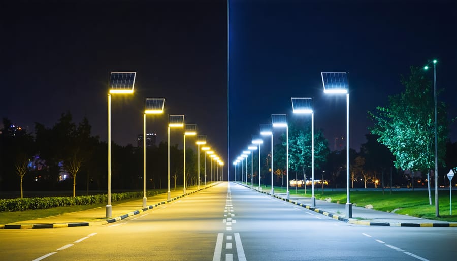 A city street split between traditional sodium lights casting a yellow glow and modern LED smart lights giving a bright, clean illumination, showcasing the transformation through renewable-powered lighting.