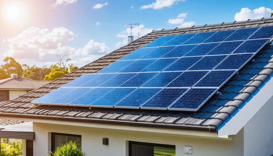 Modern solar hot water system installed on an Australian house roof, capturing abundant sunlight for sustainable energy use, with an infographic highlighting energy efficiency and cost savings.