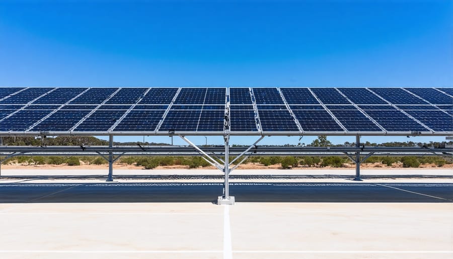Aerial view of solar panels powering battery cooling systems at an energy storage facility