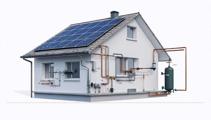 Detailed installation diagram of solar hot water system components and connections