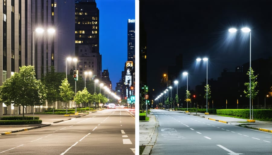 Split image comparing yellow-tinted traditional street lighting with bright, clean LED smart lighting