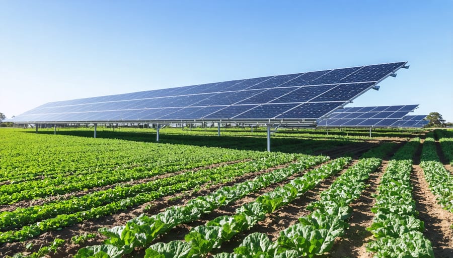 Aerial view of agricultural land showing integrated renewable energy and waste management systems
