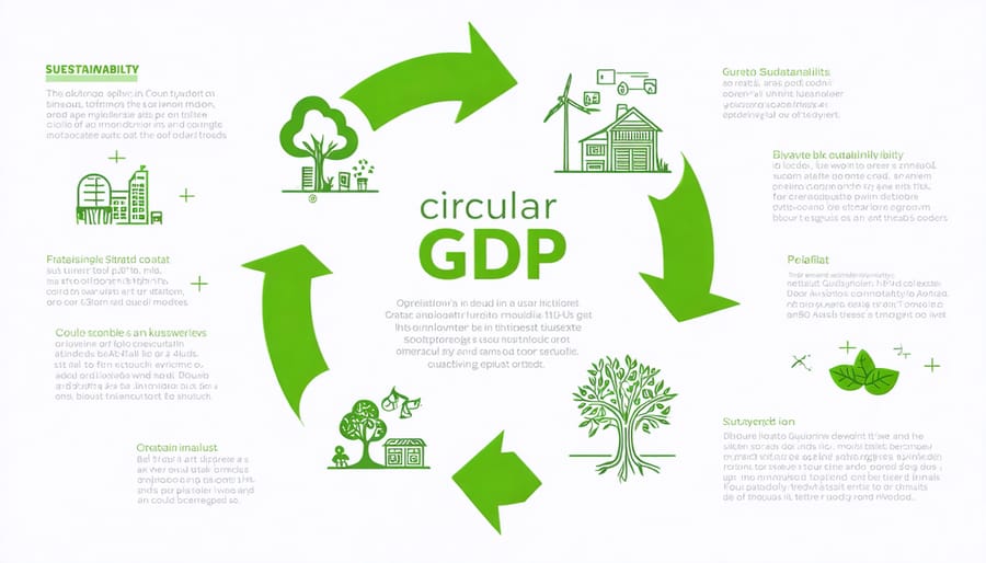 Circular flow diagram showing economic interactions between households, businesses, and government with environmental elements