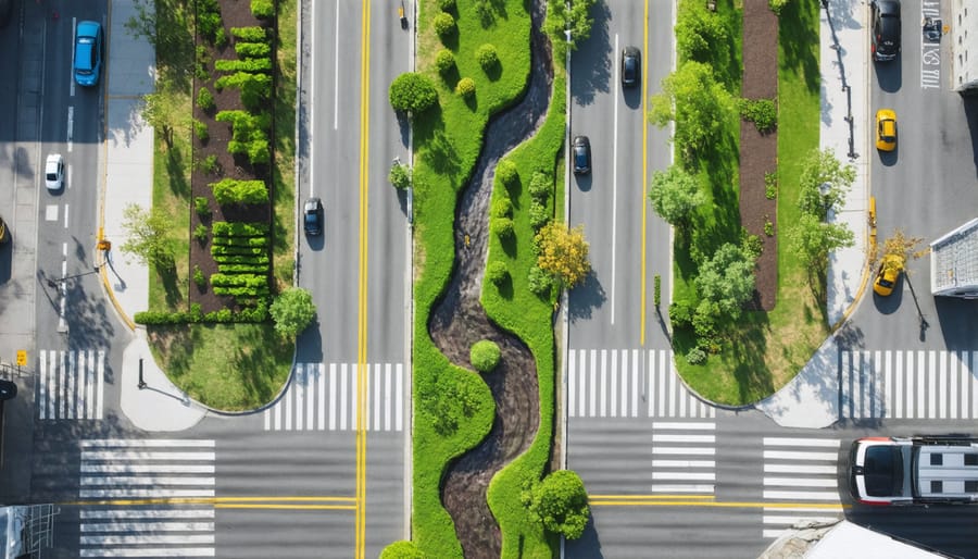 Bird's eye view of a functioning bioswale managing stormwater along an urban street with native plants
