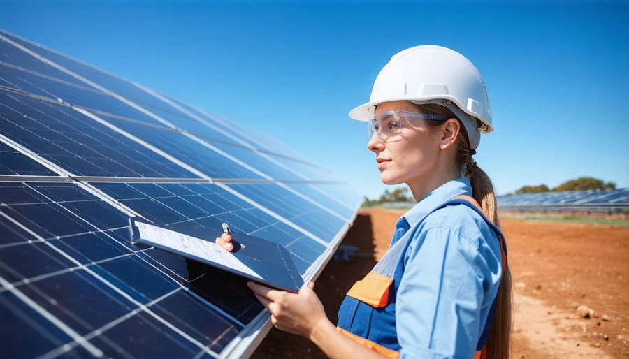 Woman engineer in safety gear inspecting solar installation in Australian outback