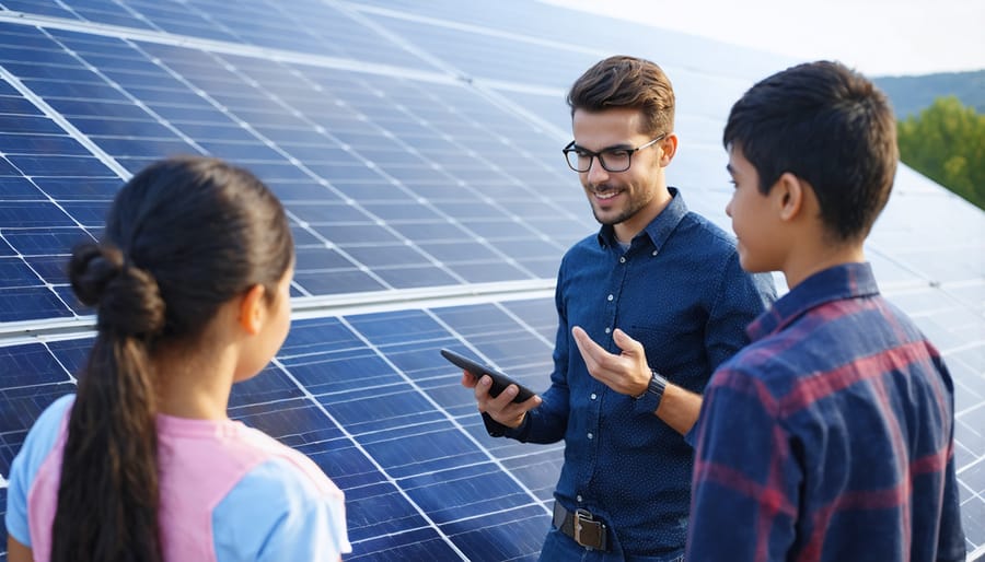 Diverse group of young people learning about solar panels from a peer mentor