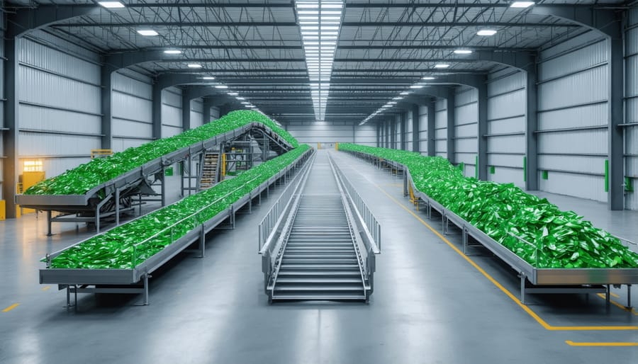 Advanced recycling facility with automated sorting machines and workers managing material streams