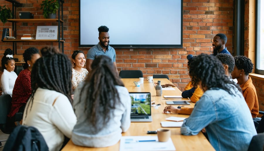 Small team of community advocates meeting outdoors to plan renewable energy project