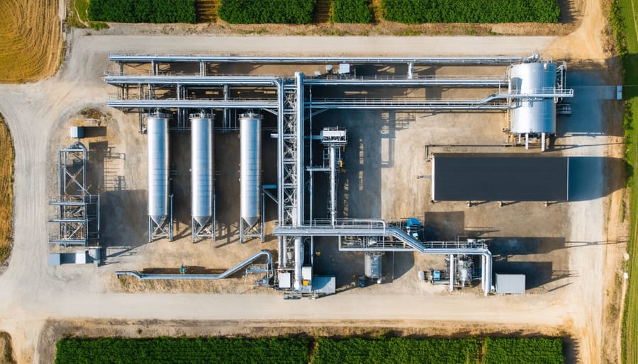 Large-scale agricultural biomass processing facility converting farm waste to biofuel