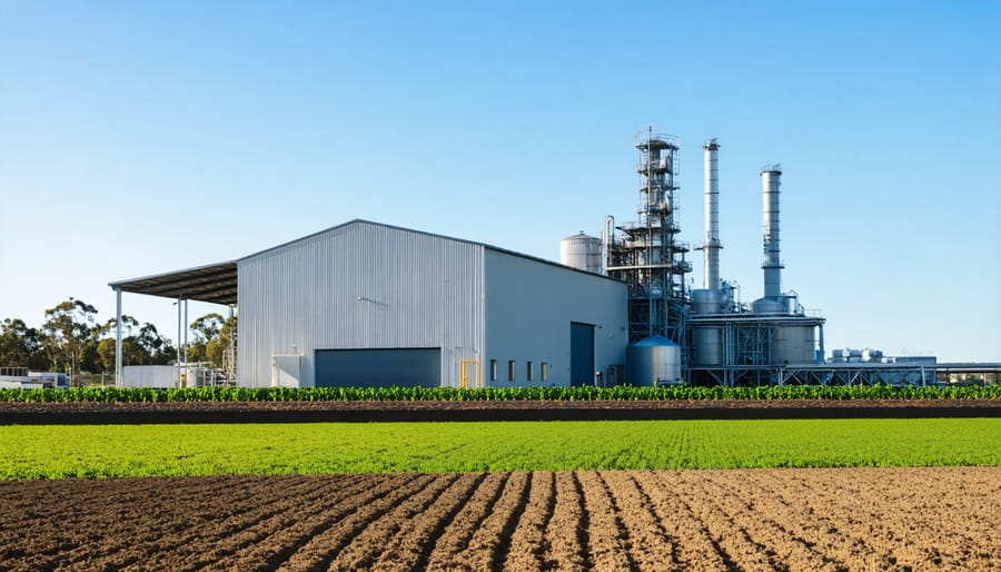 Industrial facility processing agricultural waste with visible biomass storage and processing equipment