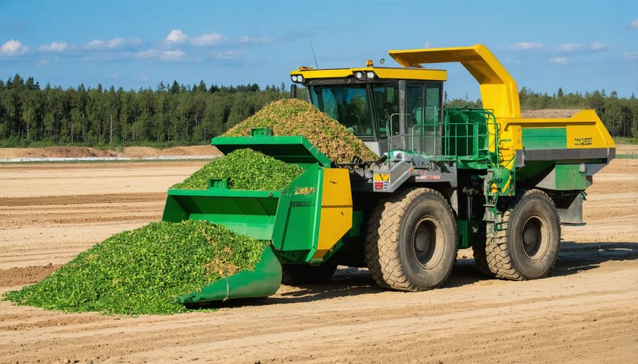 Large piles of agricultural waste material at biofuel processing facility