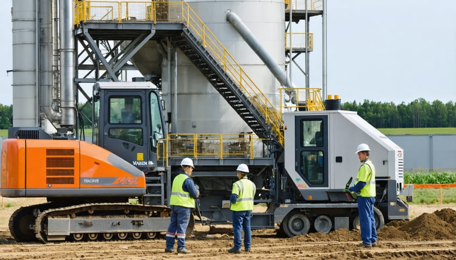 Bioenergy facility workers processing agricultural waste into renewable energy