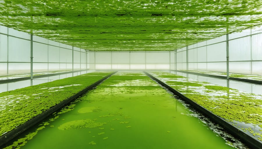 Aerial view of green algae cultivation ponds in Australian landscape