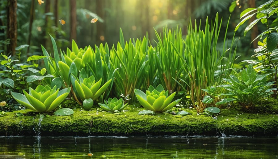 Split view of aquatic plants growing at the edge of clear freshwater