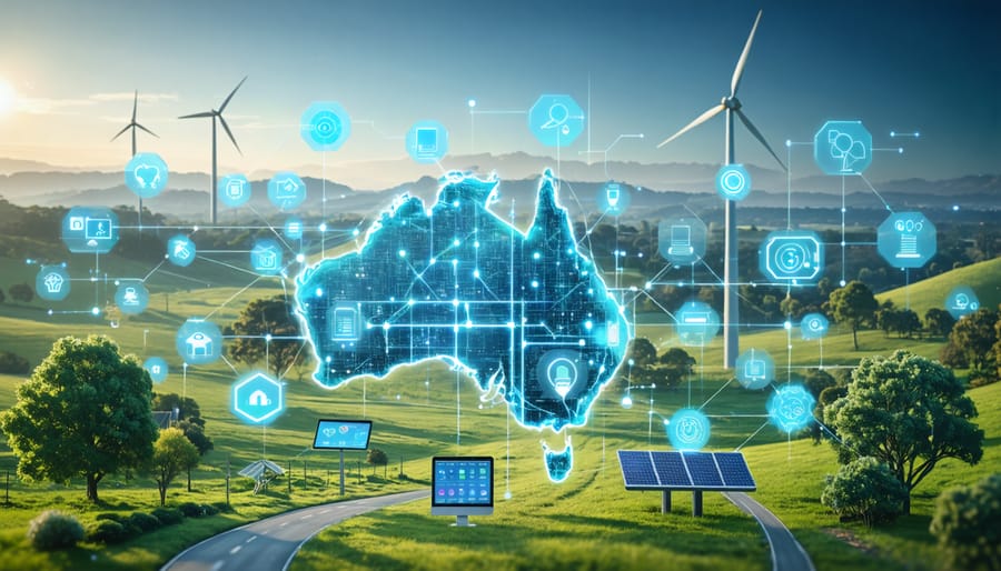 Conceptual illustration of Australia's energy grid transformation with 5G technology, featuring a network of interconnected smart devices, renewable energy sources, and digital pathways for enhanced grid management.
