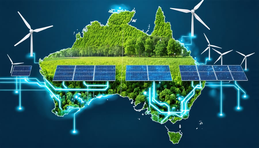 A conceptual illustration showing Australia's energy grid, integrating bioenergy with solar panels and wind turbines. The image highlights bioenergy's role in balancing renewable energy supply, depicting a map of Australia with energy flow lines.