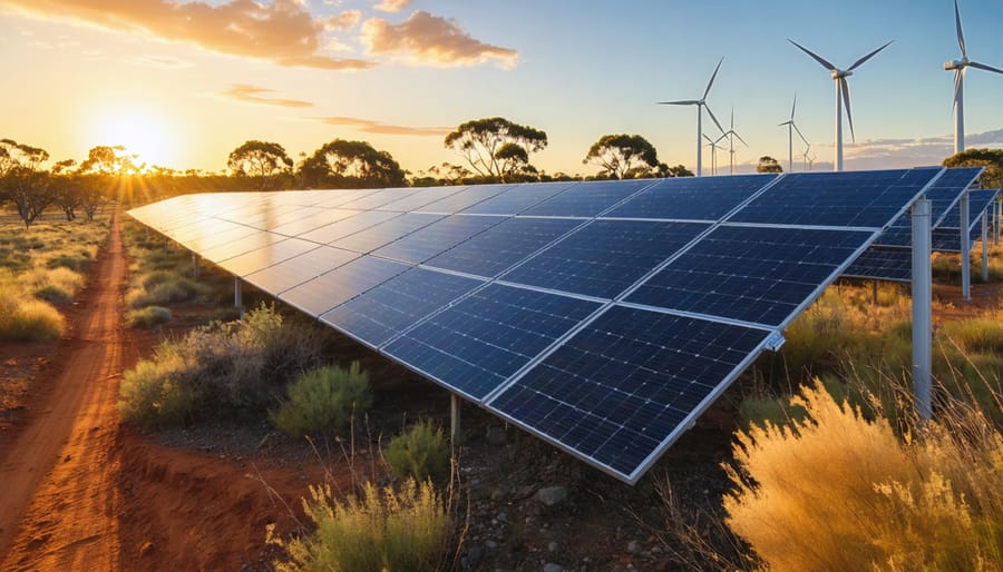 Illustration depicting Australia's renewable energy transformation, featuring solar panels and wind turbines made from eco-friendly materials against a backdrop of the Australian landscape.