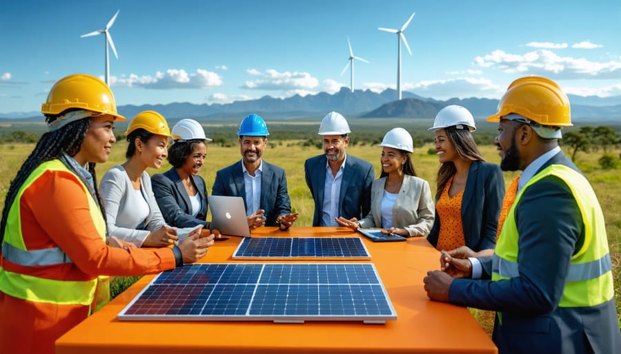 A diverse group of community leaders in Australia discusses renewable energy solutions, surrounded by wind turbines and solar panels, set against a backdrop of urban and rural landscapes.