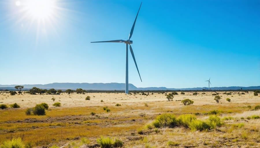 "A tall wind turbine situated in the Australian landscape under a bright blue sky, symbolizing the country's green energy potential."