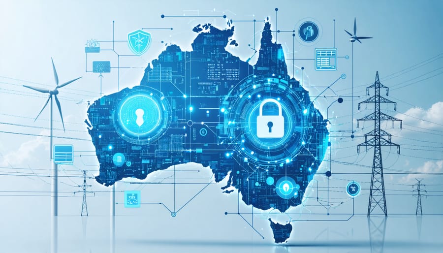 Illustration of a smart grid network forming a protective shield around Australian power infrastructure, featuring power lines, solar panels, wind turbines, and digital cybersecurity symbols.
