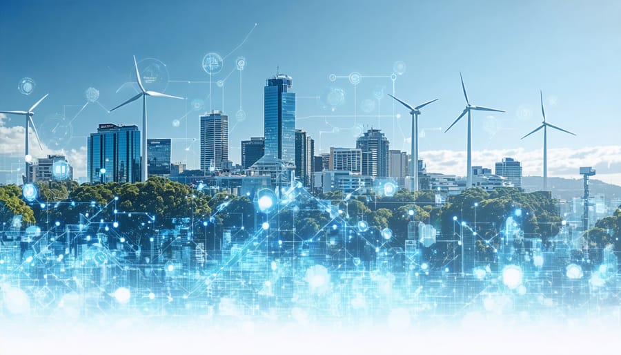 A conceptual representation of zero-carbon buildings in Australia depicting their architectural features and energy integration with the wider grid in a modern urban setting.