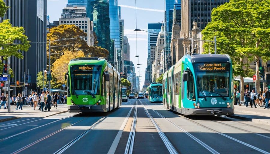 Australian city with carbon-neutral biofuel-powered public buses and visible bioenergy facilities, symbolizing the transition to sustainable urban energy solutions.