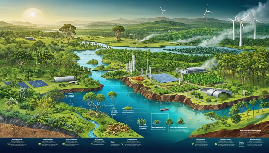 An illustration of interconnected elements in Australian ecosystems, including eucalyptus forests regenerating, coral reefs recovering, and agricultural fields with bioenergy facilities. The image symbolizes biodiversity, soil health, and carbon sequestration, highlighting the resilience of nature against climate change.