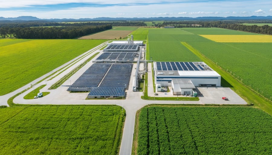"Aerial view of a modern biofuel plant in Australia surrounded by green fields, under a bright overcast sky."