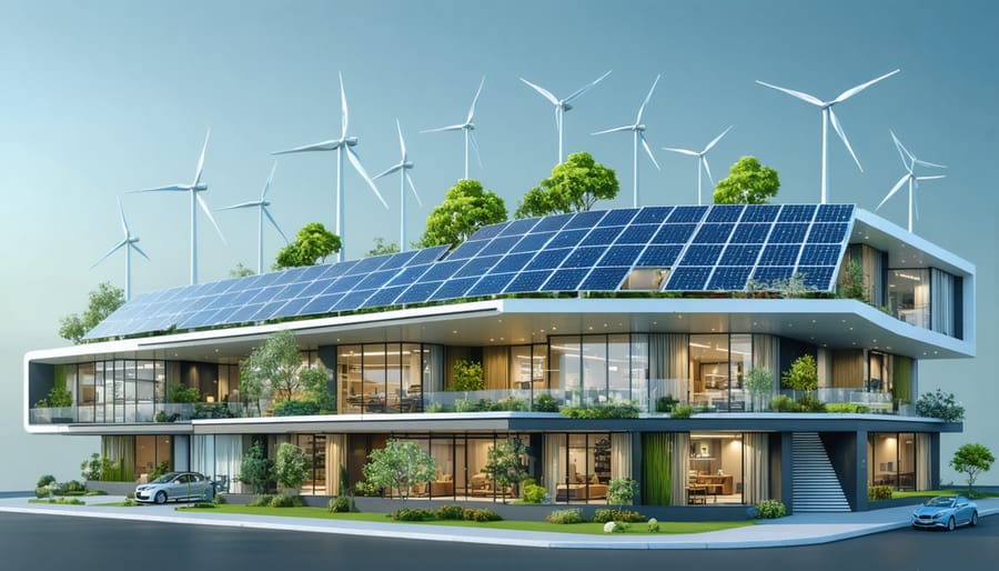 Illustration of a modern Australian business building utilizing renewable energy through solar panels and wind turbines, representing the Energy-as-a-Service model's benefits in cost efficiency and sustainability.