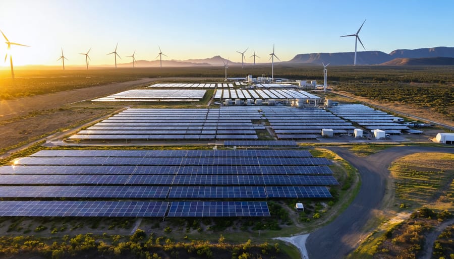 "Green hydrogen production facility in Western Australia with solar panels and wind turbines during sunset."