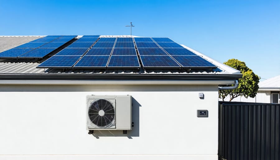Wall-mounted solar inverter on the exterior of a modern Australian home with a large rooftop solar panel array under bright afternoon sun, with a Colorbond roof and gum tree in the background.