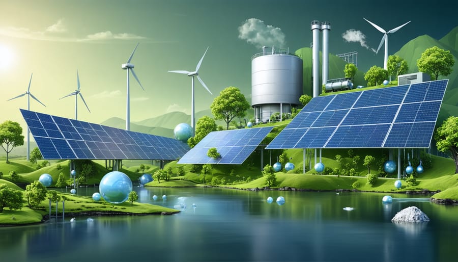 Conceptual depiction of advanced solar-powered hydrogen production facility set in a futuristic urban landscape, highlighting Australia's role in green hydrogen innovation.