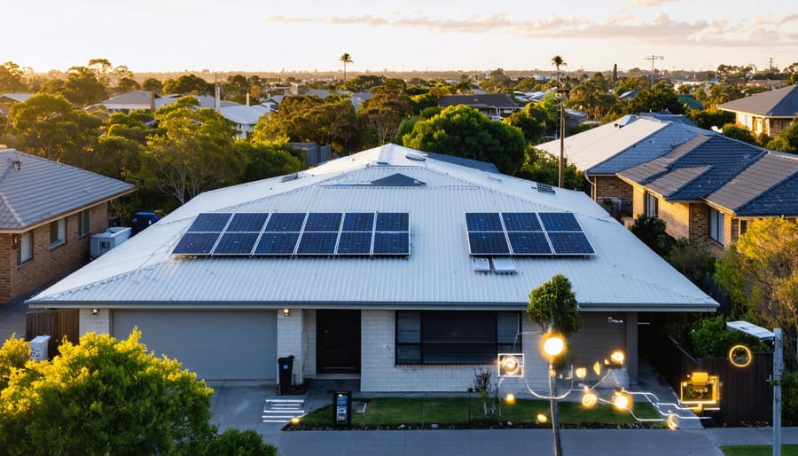 Elevated 45-degree view of Australian suburban homes with rooftop solar panels; a home’s smart meter is visible while soft glowing lines imply energy sharing between neighboring houses at golden hour.